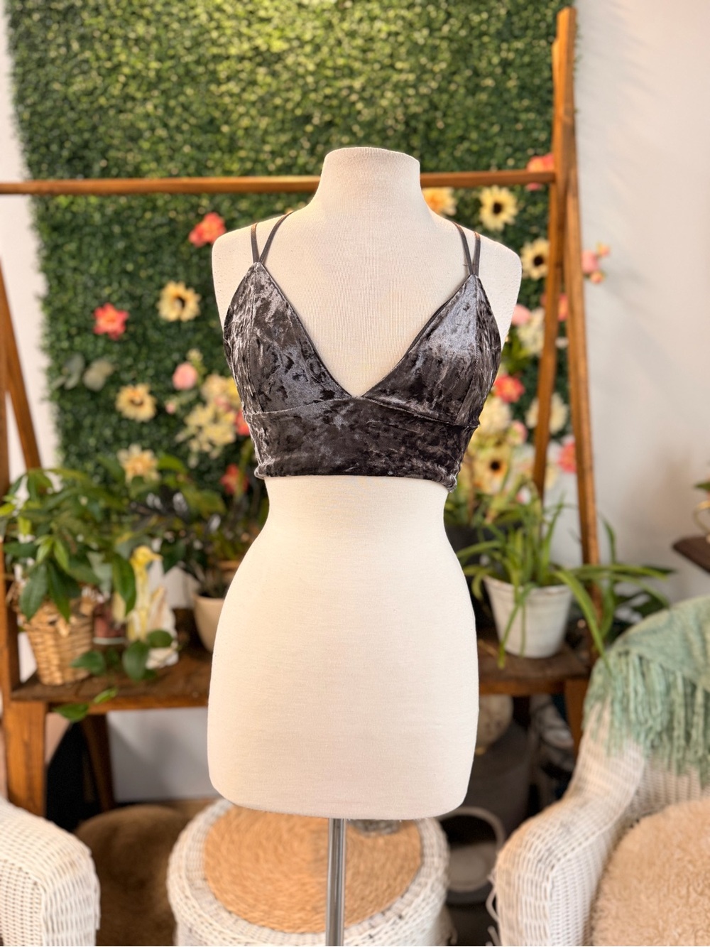 Honey Punch Charcoal Crushed Velvet V-Neck Bralette